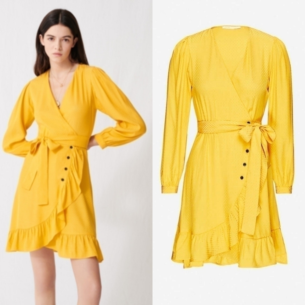 New Maje Seya Ruffled Polka-Dot Jacquard Marigold Wrap Dress NWT 10 US=XL/42 FR